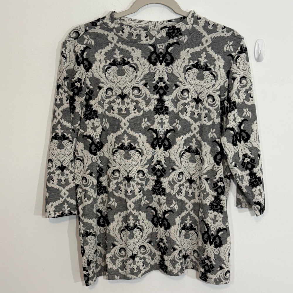 FDJ Womens Top L Gray Damask Jacquard Mock Neck French Dressing Jeans Tapestry